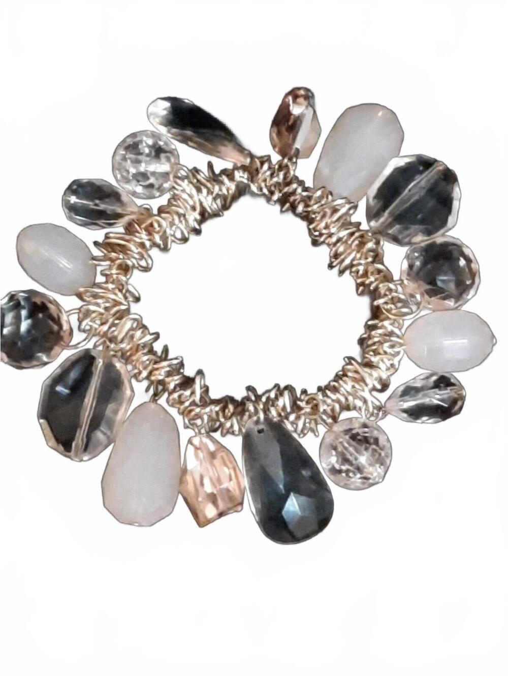 Vintage Mixed Metal Goldtone and Faux Crystal-Like Beaded Stretch Cuff Bracelet